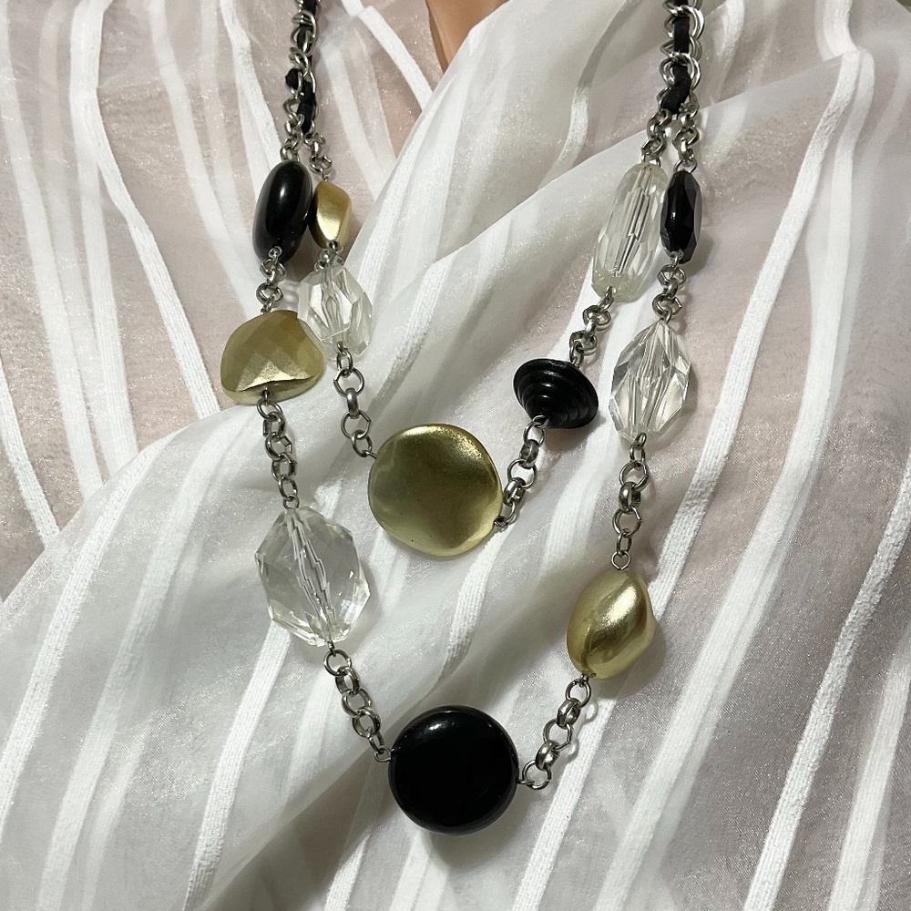 Vintage Chico’s Gold Silver Clear Black Tone Chunky Bead Necklace Signed Double
